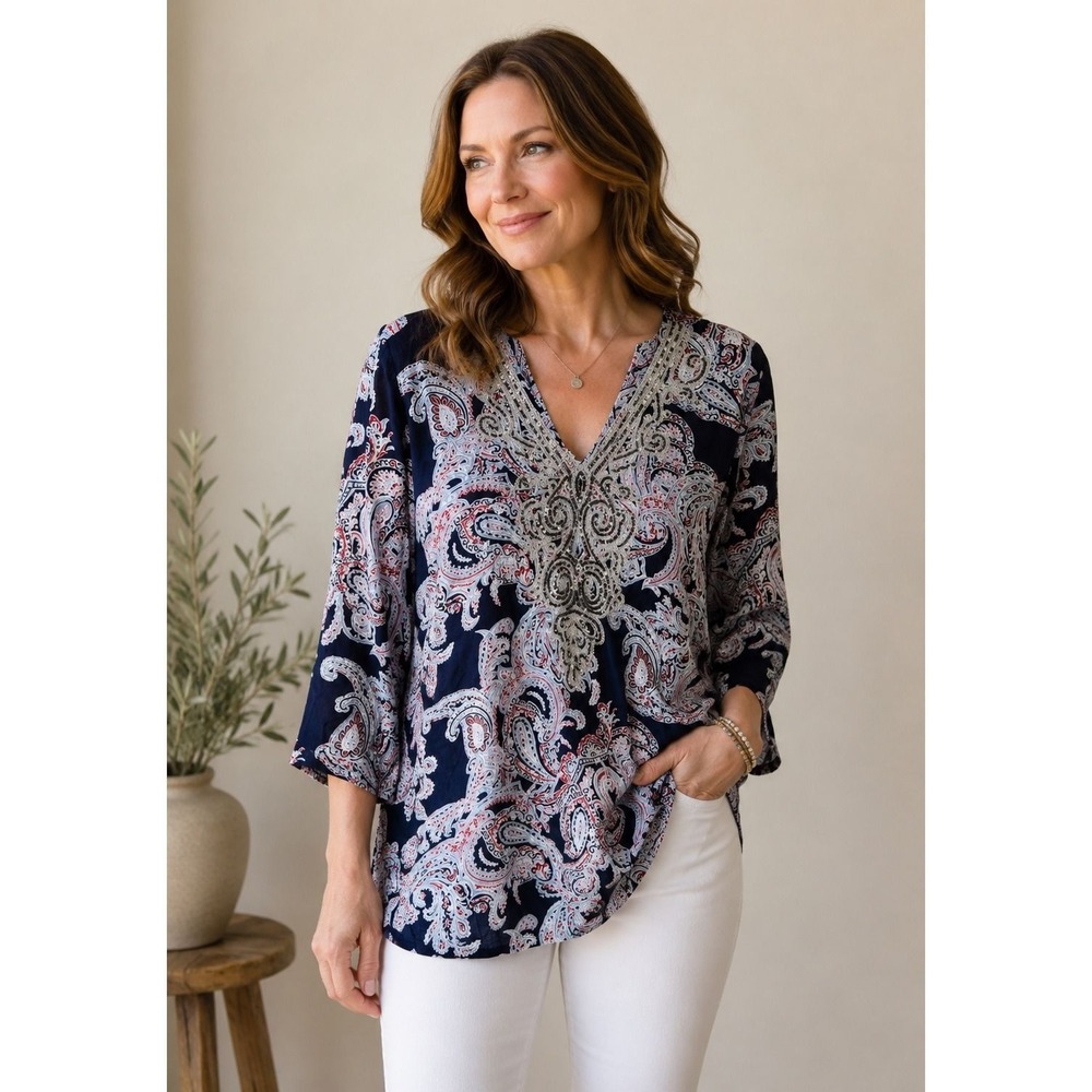 Charter Club Luxury Woman 3X 100% Linen Paisley Embellished Tunic NWT